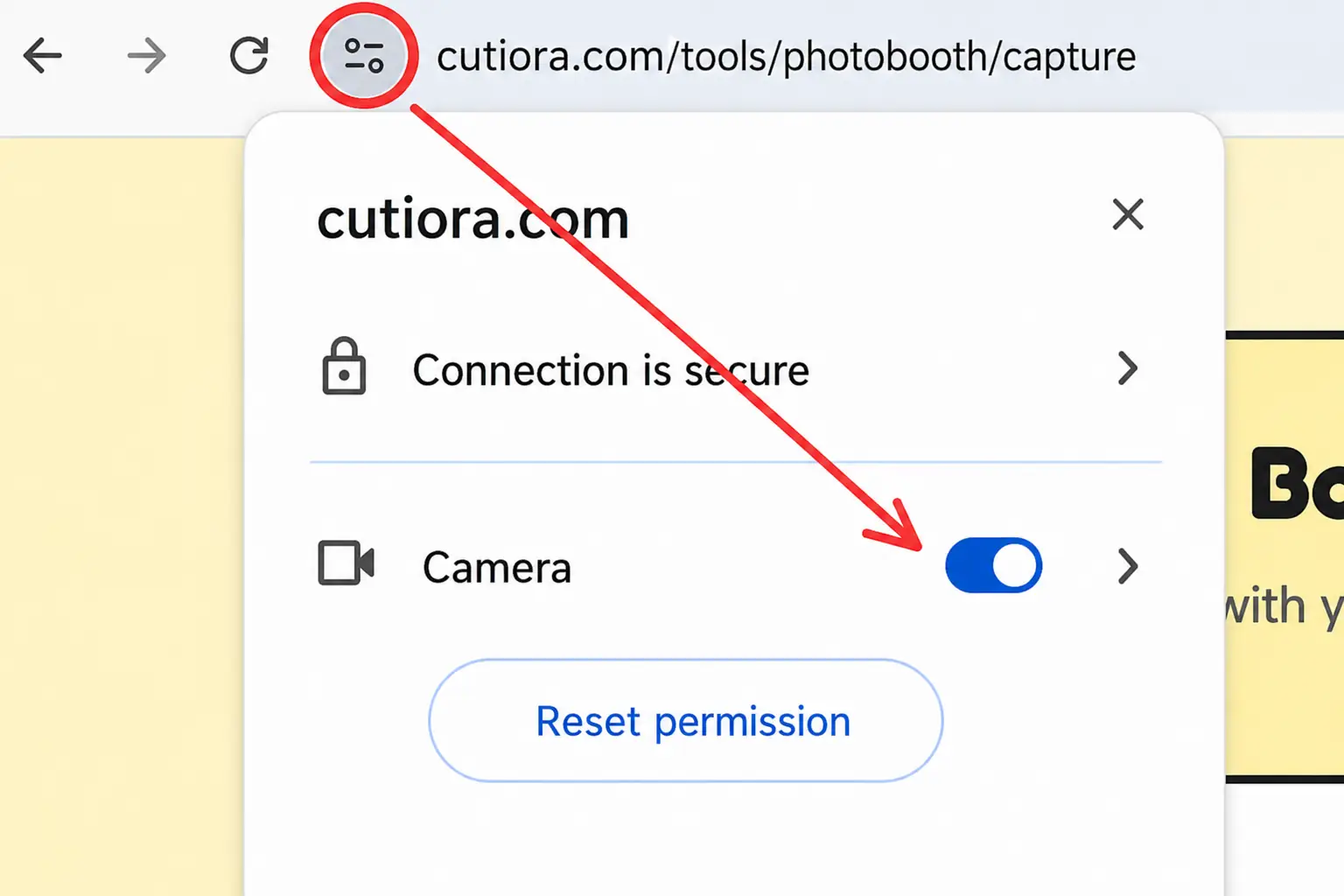 Cutiora's own address-bar icon and Camera permission toggle in Chrome